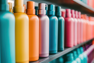 Colorful bottles arranged on a shelf, showcasing vibrant hues perfect for beauty and personal care product imagery.