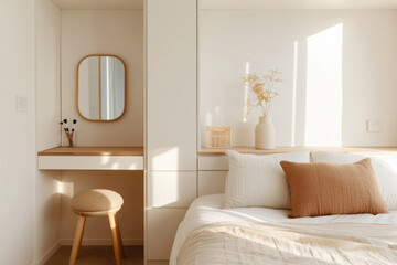 Cozy bedroom featuring a built-in makeup vanity with natural light, simple decor, and a stylish desk area, perfect for relaxation and productivity.