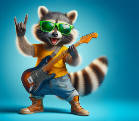 Funny raccoon in green sunglasses , orange shirt, with a guitar showing a rock gesture, blue background, illustration