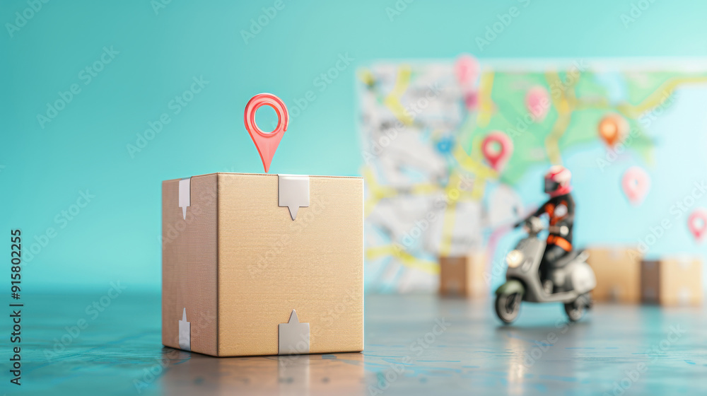 Poster delivery concept featuring a package with a location pin, symbolizing logistics and efficient transp