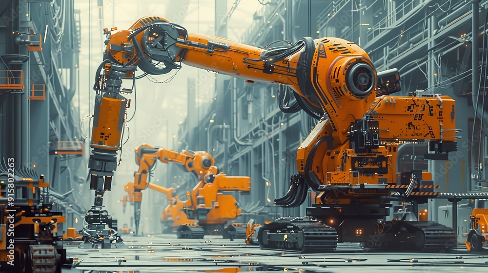 Poster high-resolution minimalist image of industrial robots working in a futuristic factory