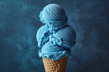 Blue ice cream scoops in waffle cone on blue background. Dessert and sweet food concept. Image for menu, poster, banner with copy space.