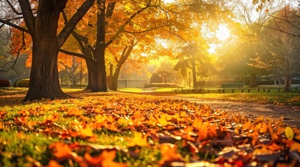 A serene autumn afternoon in a park filled with vibrant fallen leaves and warm sunlight