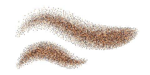 Cinnamon, coffee, cocoa powder splash. spice particles, grainy texture. Wavy swirl splatter trail, dot granules. Isolated on white background. Vector illustration