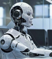 Advanced humanoid robot in a futuristic office environment engaged in work during daylight hours