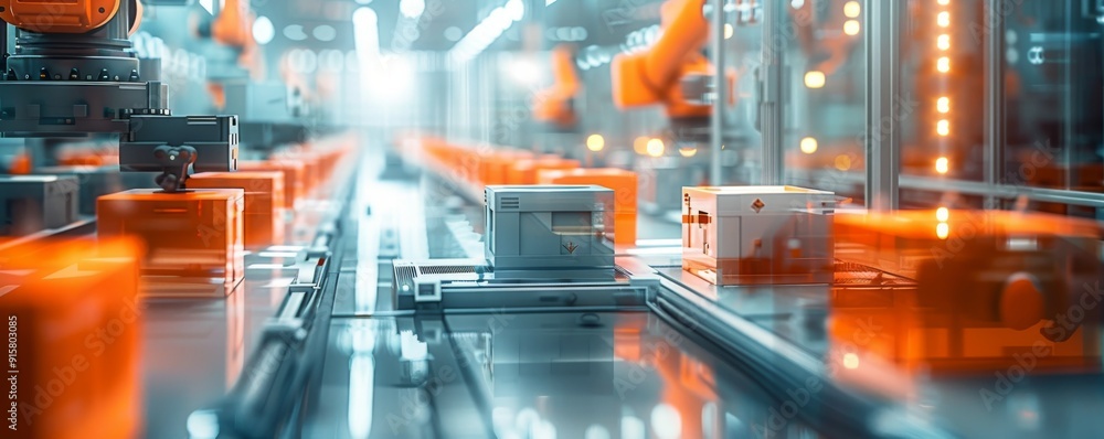 Poster high-tech automated manufacturing and assembly line in modern factory