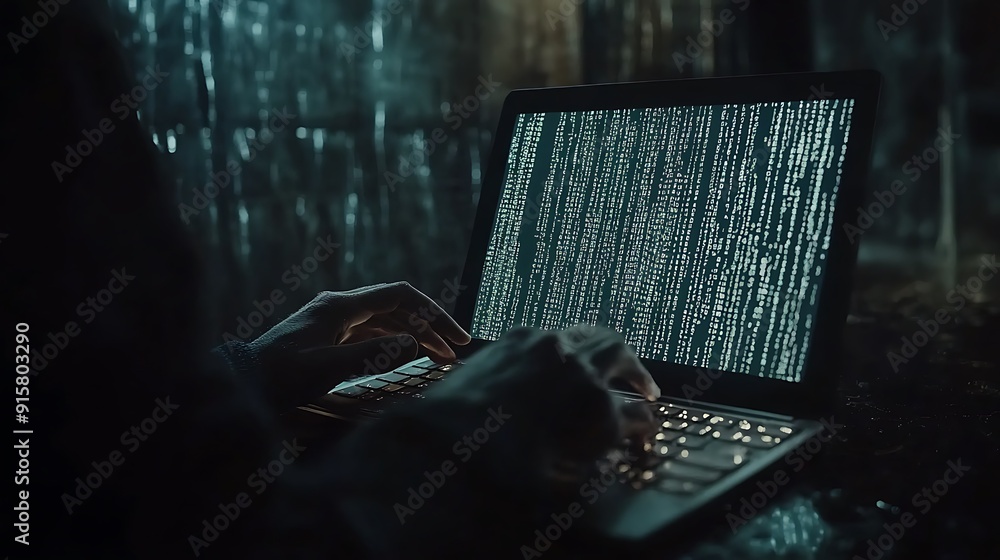 Poster person typing on a laptop with green code displayed on the screen in a dark environment