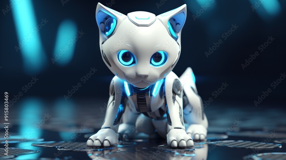 Poster cybernetic feline: a robotic cat in a futuristic setting