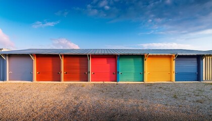 Obraz premium Colorful metal self storage buildings, exterior view of storage buildings and garages