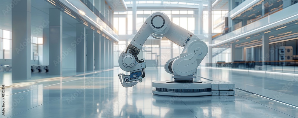 Poster high-resolution minimalist image of a robotic arm in a futuristic factory environment
