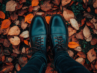 Black boots standing on Fall leaves