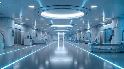 Futuristic hospital corridor with advanced medical technology and equipment