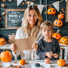 A mother and her son enjoy a creative pumpkin decorating session together in a cozy autumn setting