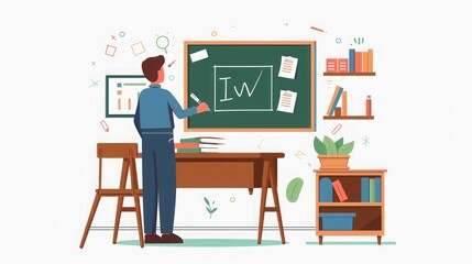 Teacher Writing On Chalkboard In Classroom Illustration