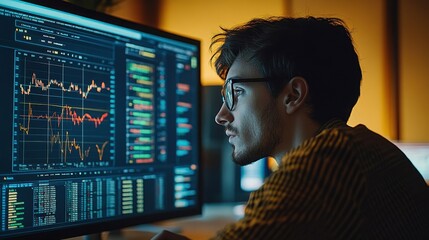 Focused analyst working on stock market data, analyzing graphs on a digital screen for investment opportunities and financial insights.