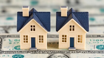 Miniature houses on a bed of cash, symbolizing real estate investment and financial growth in the housing market.