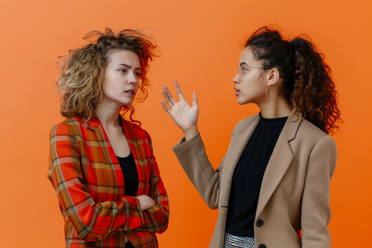 Two women in casual clothes discussing on colorful background. Generative AI.
