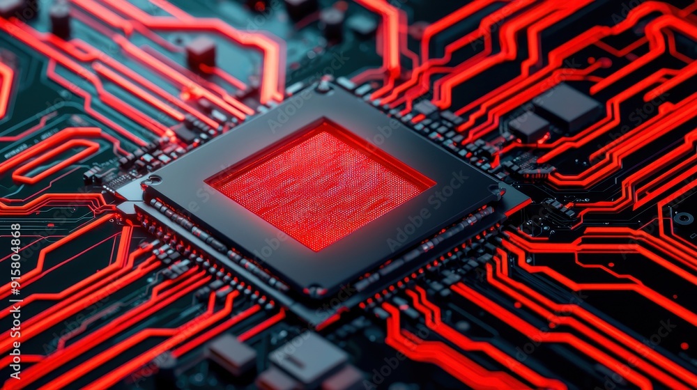 Poster close-up of a modern microchip on a circuit board, illuminated by striking red light, showcasing int