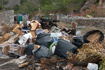 Goats on dumped waste, including plastic bags, cardboard, old furniture and garden waste. In the background garbage containers and blooming Oleander.