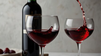 Red wine pouring in glass on white background