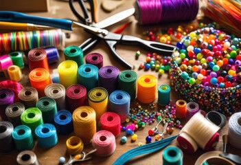 Fototapeta premium vibrant collection colorful crafting supplies featuring assorted accessories creative projects diy enthusiasts, materials, tools, paper, paint, beads