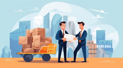 Two men exchanging packages with a cart in an urban setting.