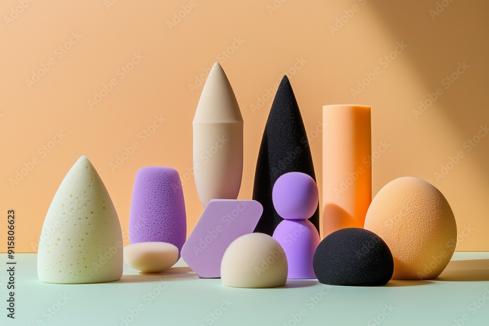 Poster colorful arrangement of various shaped foam objects on a plain background