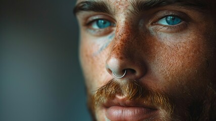 Obraz premium A professional close-up portrait of a man with a nose piercing, emphasizing his natural ruggedness and minimalistic grooming. The soft focus highlights his facial features