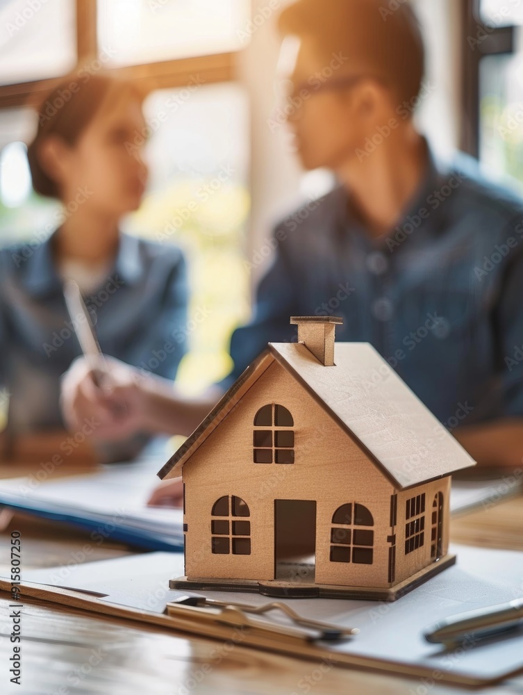 Poster a couple is sitting at a table with a model house in front of them. they are discussing the house an