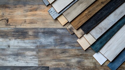 Varying colors of vinyl flooring samples laid out on a wooden floor in a stock photo style. The samples show different shades and patterns of vinyl flooring in the style of product photography