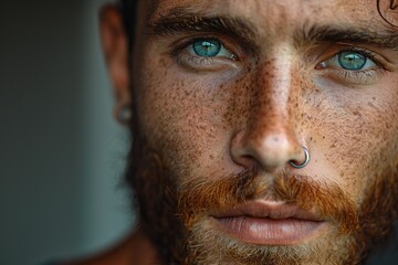 Obraz premium A professional close-up portrait of a man with a nose piercing, emphasizing his natural ruggedness and minimalistic grooming. The soft focus highlights his facial features