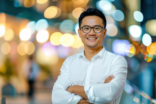 A joyful young man posing with crossed arms in a vibrant cityscape at night