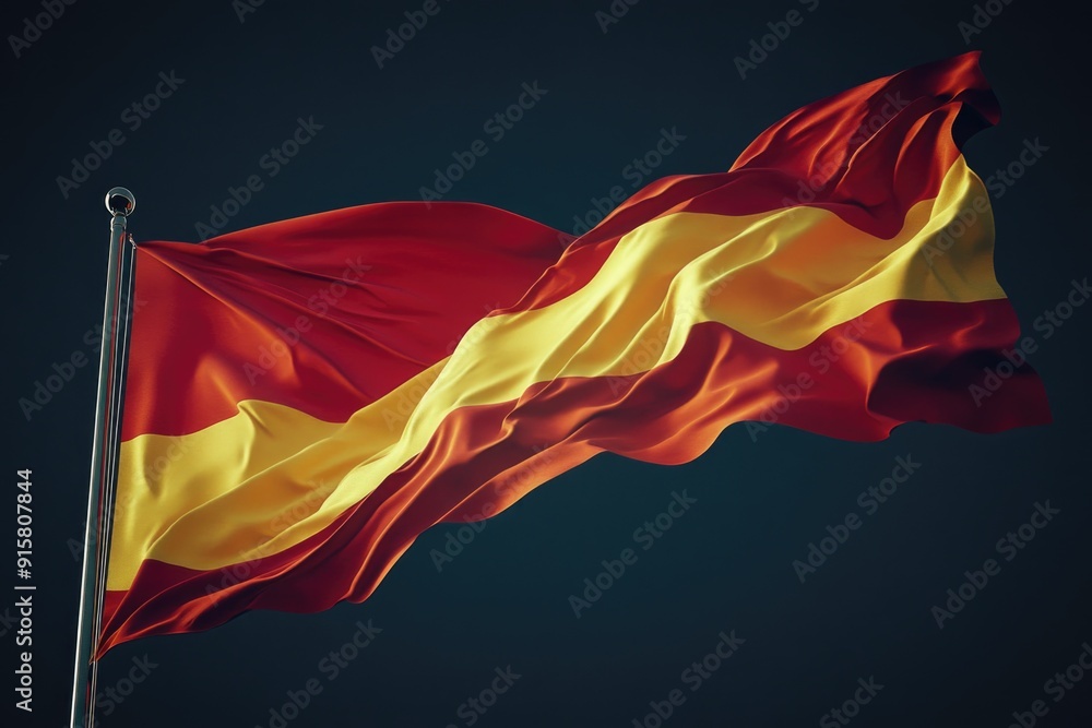 Poster a waving spanish flag with a vivid red background and yellow stripes. the image is sharp and has a d