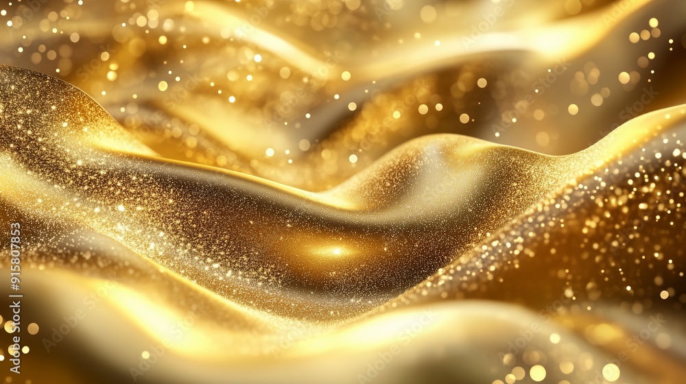 Poster shimmering golden fabric flowing softly, illuminated with delicate sparkles in a warm light setting