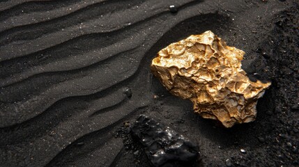 Obraz premium Pure gold from the mine that was unearthed was placed on the black sand.