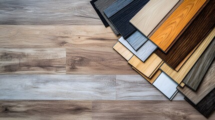 Varying colors of vinyl flooring samples laid out on a wooden floor in a stock photo style. The samples show different shades and patterns of vinyl flooring in the style of product photography