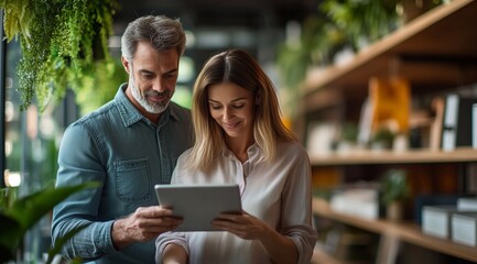 professional business people using a global online ordering platform interface on a digital tablet, in a modern office environment