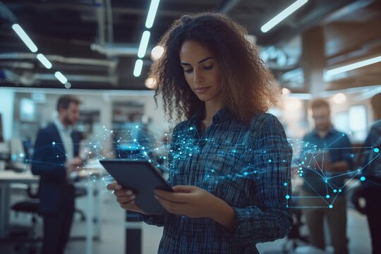 professional business woman using a global online ordering platform interface on a digital tablet, in a modern office environment