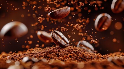 The mesmerizing dance of freshly ground coffee beans amid aromatic coffee grounds in a warm kitchen setting