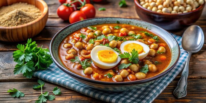 Authentic Tunisian chickpea soup garnished with olive oil, harissa, and boiled eggs , Lablabi
