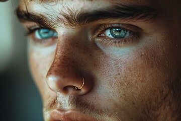 Naklejka premium A professional close-up portrait of a man with a nose piercing, emphasizing his natural ruggedness and minimalistic grooming. The soft focus highlights his facial features