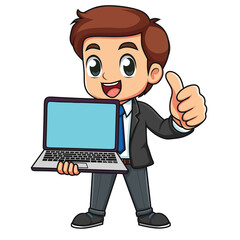 Cartoon man advertising using laptop 