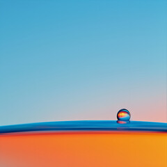Colorful 3D Water Drop on Dynamic Blue Orange Background. 