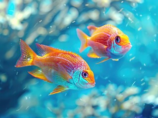 Fototapeta premium Brightly colored red and yellow clownfish swimming underwater in a coral reef aquarium.