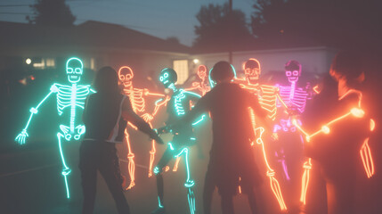Glow stick skeleton costume for Halloween, kids are wearing glowing sticks at night going out for party, candies, trick or treat. whimsical spooky halloween concept. Haunted house scary neighborhood 