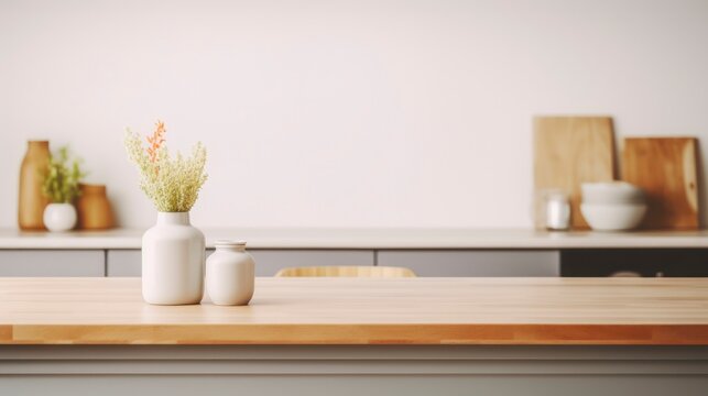 Empty dinning table with blurred kitchen background