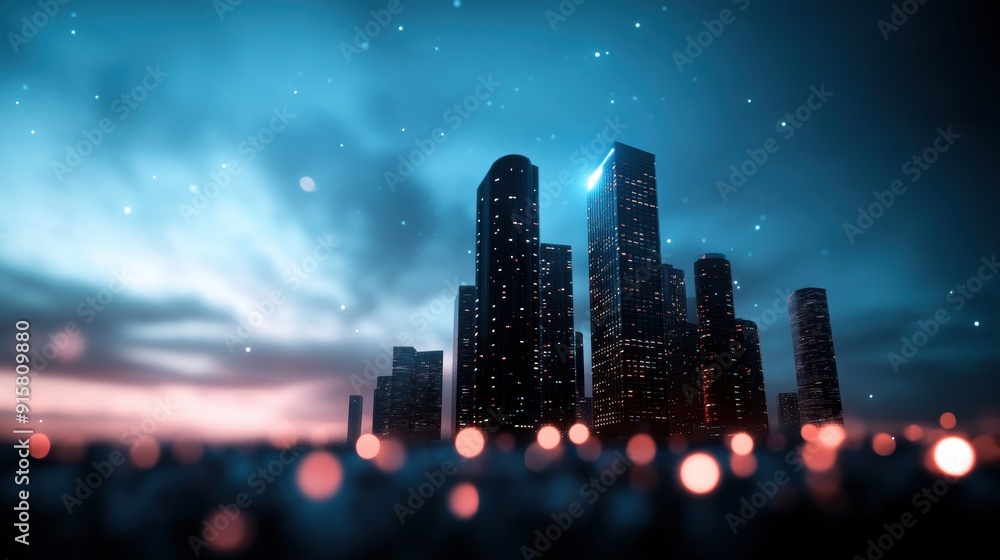 Poster a cityscape with interconnected buildings and infrastructure, highlighting the concept of the intern