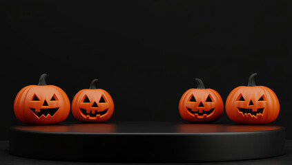 3D Halloween podium scene with black empty platform. Sale product background podium poster stage platform template