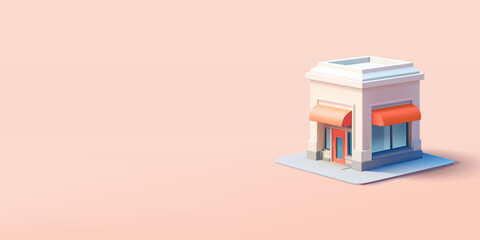3D Building of a store, and market. Realistic rendering for concepts of advertising and promotion of goods in shops, cafes, and supermarkets. Vector illustration.