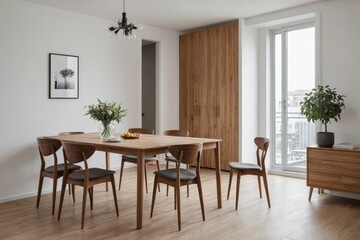 Fototapeta premium Chairs at wooden table placed next to wardrobe in spacious dining room in modern apartment with white walls